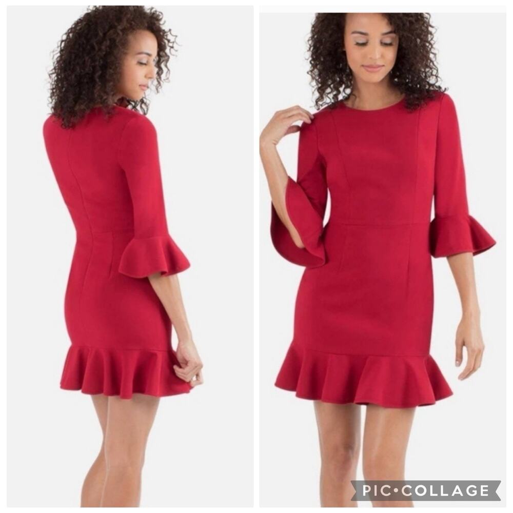 Black Halo Brooklyn Sheath Dress Bonfire Red Size 6 Trumpet Sleeve Peplum Hem